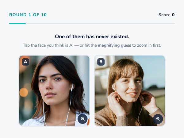 A round of Spot the Fake: two portrait photos side by side labelled A and B, the prompt ‘One of them has never existed’, and a round counter and score above