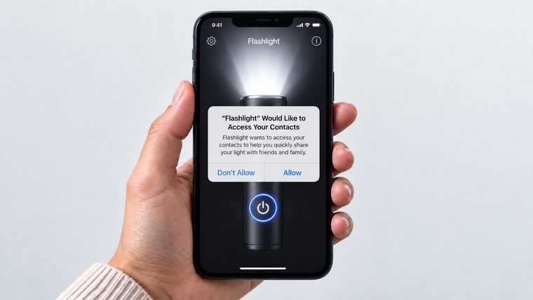 A hand holding a phone with a torch app open. A popup reads: ‘Flashlight’ would like to access your contacts, with Don’t Allow and Allow buttons.