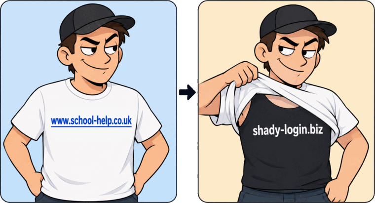 Cartoon of a smirking man in a white T-shirt that reads www.school-help.co.uk. He lifts it to show a black T-shirt underneath that reads shady-login.biz.