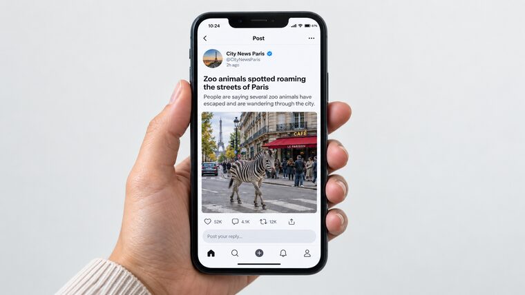 A hand holding a phone showing a viral post: ‘Zoo animals spotted roaming the streets of Paris’, with a photo of a zebra on a Paris street.