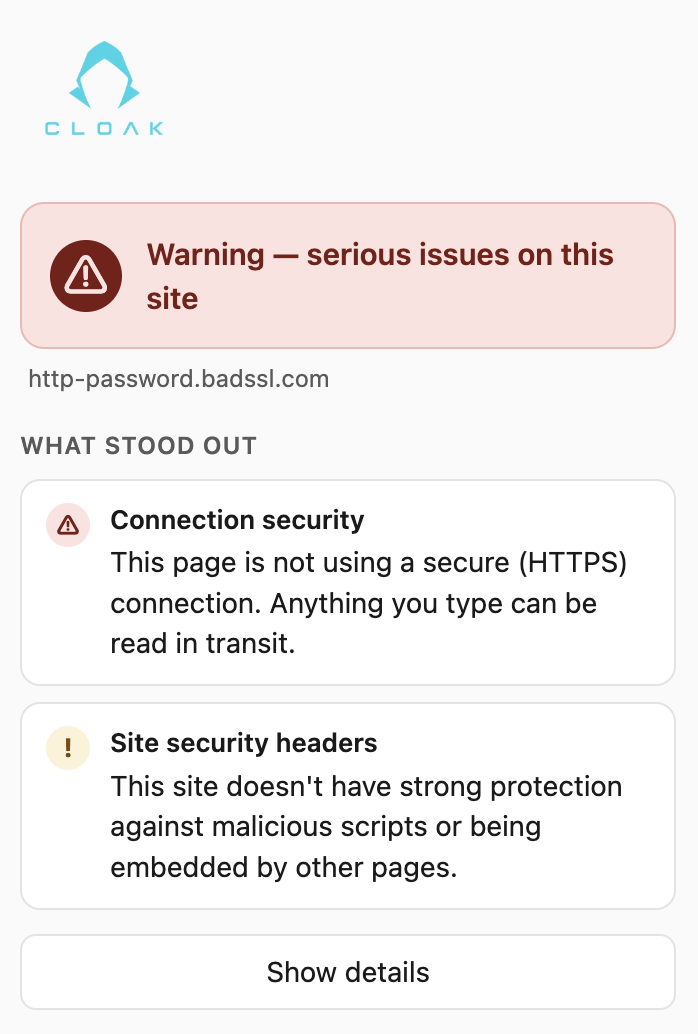 Cloak Check showing 'Warning — serious issues' on http-password.badssl.com, flagging insecure HTTPS and missing site headers.