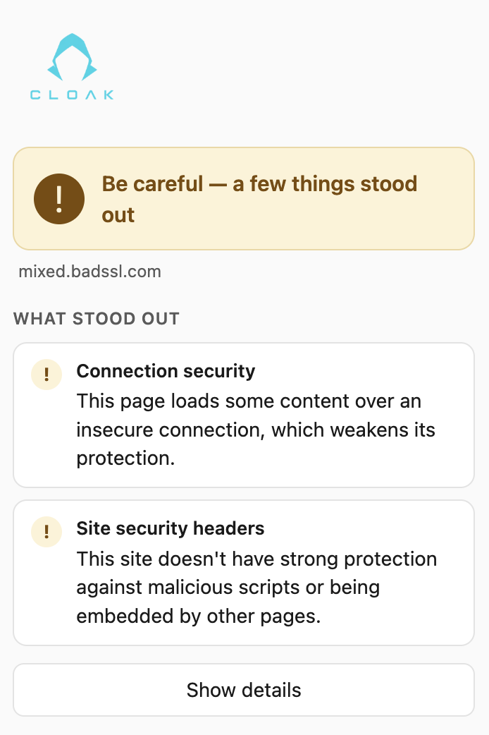 Cloak Check showing 'Be careful' verdict on mixed.badssl.com, flagging connection security and missing site headers.